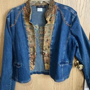 Cropped Blue Jean Jacket with Fur Collar and Shoulder Embellishments